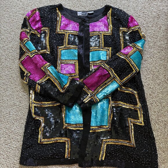 Vintage Carina 1980s Sequin Beaded Jacket | L | Black Silk Statement Blazer - Picture 1 of 12